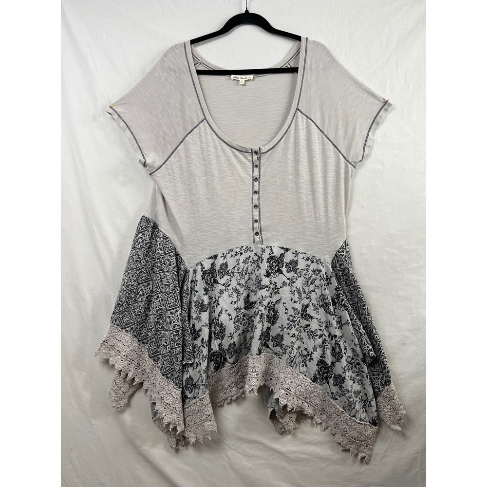 Indigo Thread Co Dress Womens XL Gray Mixed Print Crochet  Hankerchief Hem Boho